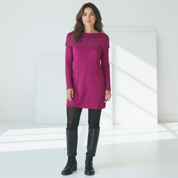 Beautiful Raspberry Tunic/Mini Length Sweater with Fold Down Collar Size S - Picture 2 of 7